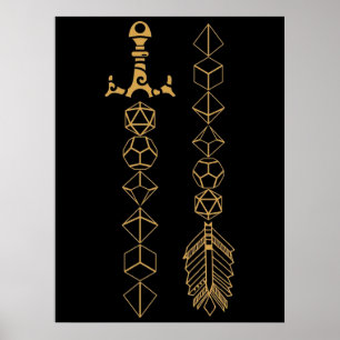 Affiche Jeu de dés Polyèdre épée et tablette Flèche RPG G