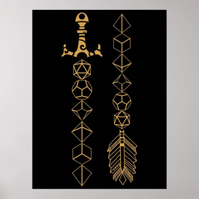 Affiche Jeu de dés Polyèdre épée et tablette Flèche RPG G (Devant)