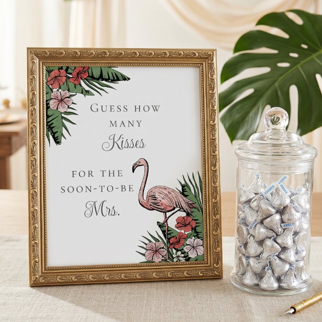 Affiche Jeu de devinette de baisers pour mariage tropical (Tropical flamingo Hand-drawn Guess How Many Kisses for the soon to be Mrs. Bridal Shower game poster)