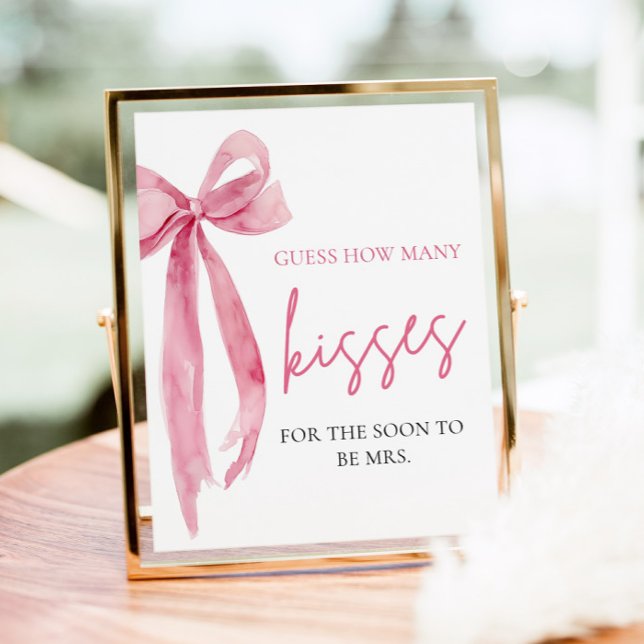 Affiche Jeu de devinette de bisous avec un élégant nœud ro (Elegant Blush Pink Bow Guess How Many Kisses Game Sign)