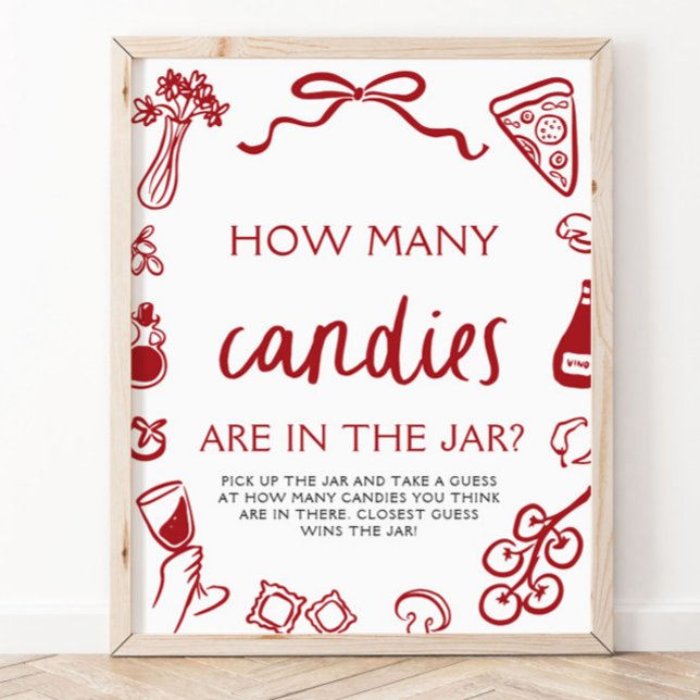 Affiche Jeu de devinette de bonbons de mariage italien rou (Red Italian Guess How Many Candies Bridal Shower Sign)