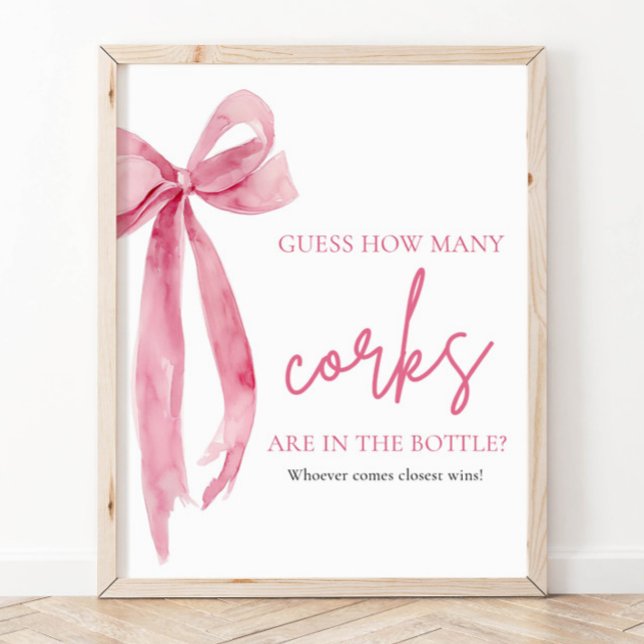 Affiche Jeu de devinette de bouchons à ruban rose pâle élé (Elegant Blush Pink Bow Guess How Many Corks Game Pedestal Sign)