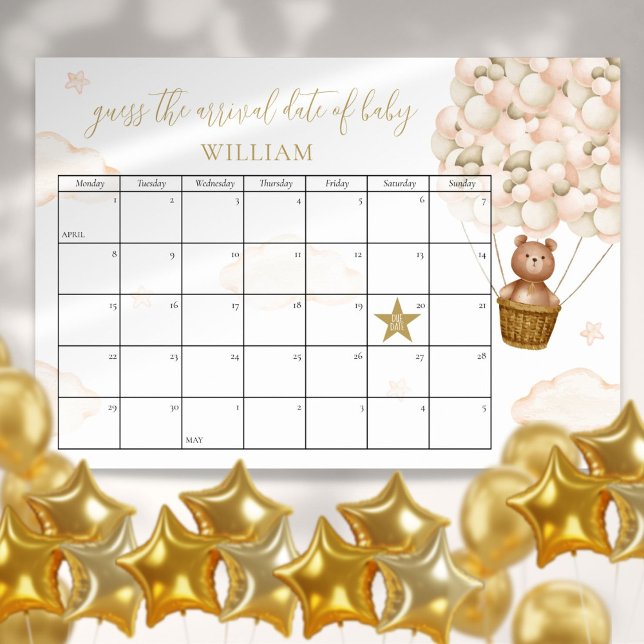 Affiche Jeu de devinette de la date prévue pour la baby sh (Guess The Due Date Teddy Bear Baby Shower Game Poster)