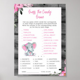 Affiche Jeu de devinette des bonbons Baby Shower Éléphant 