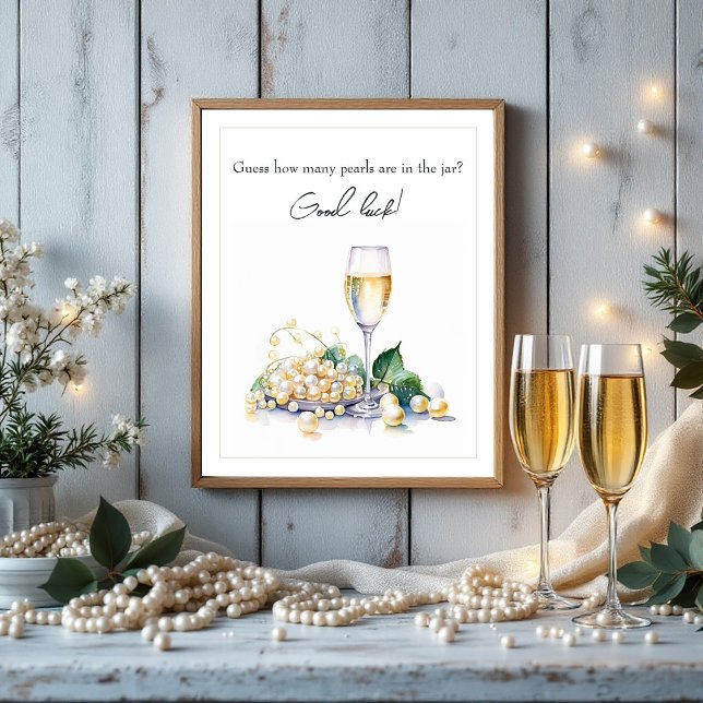 Affiche Jeu de devinette Mariage avec Perles & Prosecco (Pearls & Prosecco Guessing Game Bridal Shower Poster)