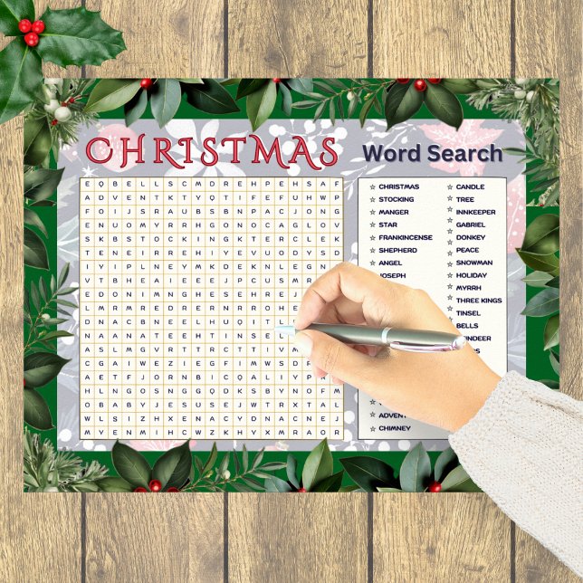 Affiche Jeu de mots cachés de Noël Activité festive (A festive Christmas word search poster with greenery border)