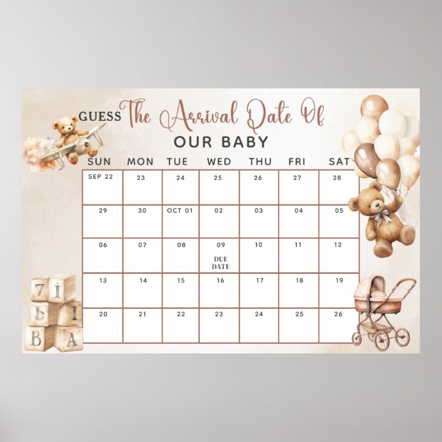 Affiche Jeu pour Baby Shower Devinez la Date Prévue On Peu (Devant)