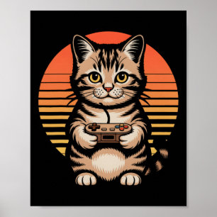 Affiche Jeu Rétro de Chat au Coucher du Soleil avec Manett