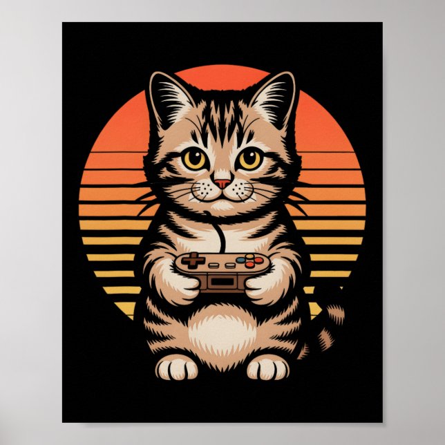 Affiche Jeu Rétro de Chat au Coucher du Soleil avec Manett (Devant)