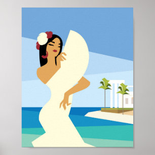 Affiche Jeune dame espagnole posant avec ventilateur sur l