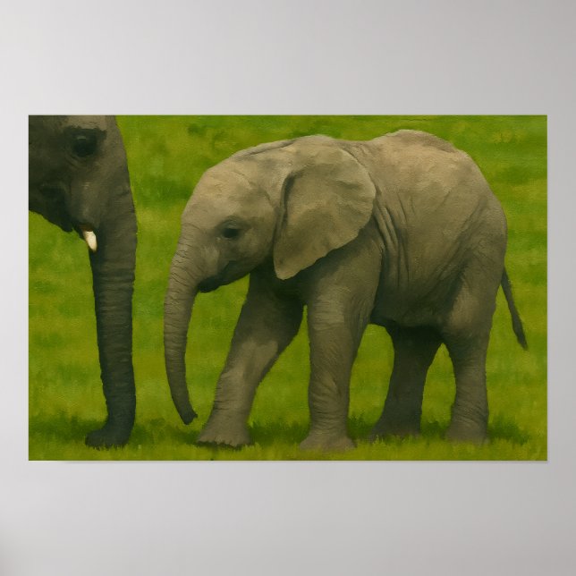 Affiche Jeune éléphant avec tuteur dans la réserve de Gras (Devant)