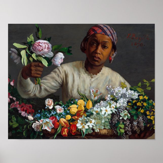 Affiche Jeune femme avec des pivoines par Frederic Bazille (Devant)