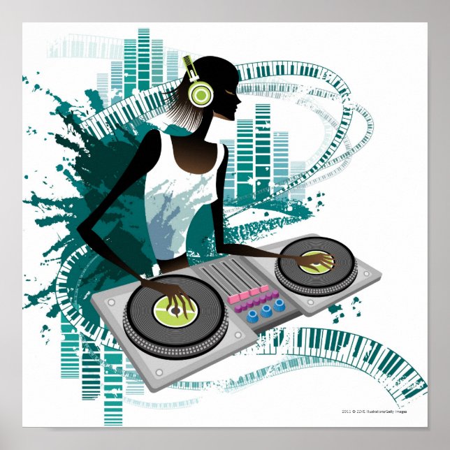 Affiche Jeune femme Dj Utiliser le Tourne-disque dans la d (Devant)