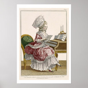 Affiche Jeune femme étudiant la musique à son Harpsichord,