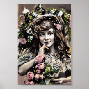 Affiche Jeune fille avec chapeau floral roses dessin au pa