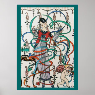 AFFICHE JEUNE FILLE AVEC RUBAN COLORÉ TOURBILLONNE ET CUPI