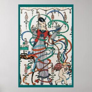 AFFICHE JEUNE FILLE AVEC RUBAN COLORÉ TOURBILLONNE ET CUPI