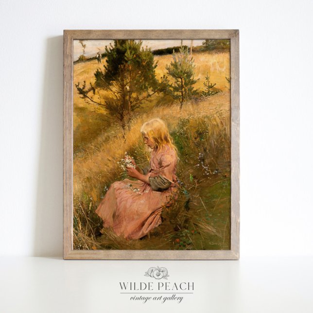 Affiche Jeune fille cueillir des fleurs peinture vintage (Créateur téléchargé)