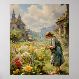 Affiche Jeune fille dans un jardin fleuri   Impressionnist