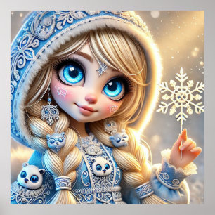 Affiche Jeune fille de neige avec flocon de neige scintill