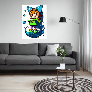 Affiche Jeune fille en vêtements verts ruban bleu   Art AI