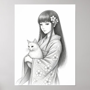 Affiche Jeune Fille Japonaise avec un Chat Blanc