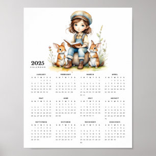 Affiche Jeune fille lit livre à lapins 2025 Calendrier