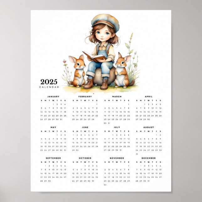 Affiche Jeune fille lit livre à lapins 2025 Calendrier (Devant)