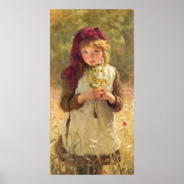 Affiche Jeune fille mignonne tenant des fleurs de tasse à  (Devant)