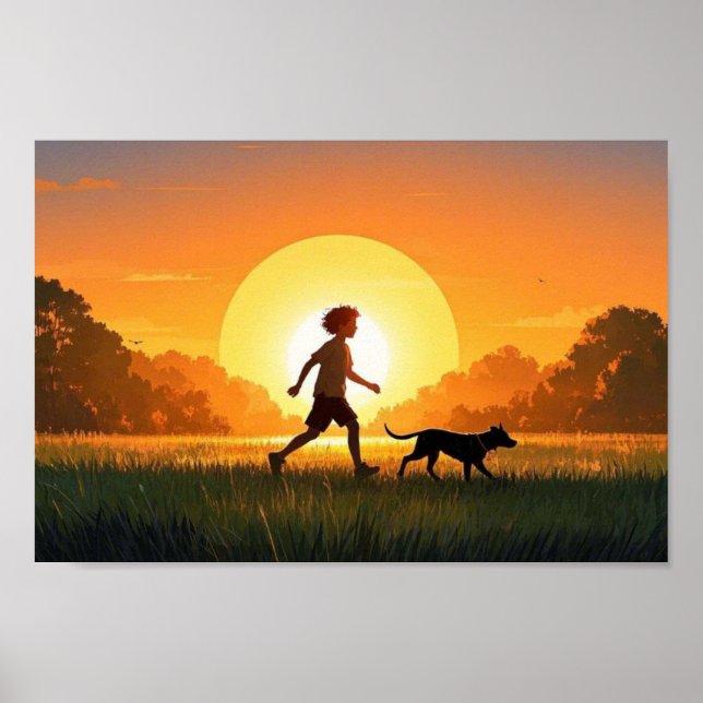 Affiche Jeune garçon avec chien au coucher du soleil (Devant)