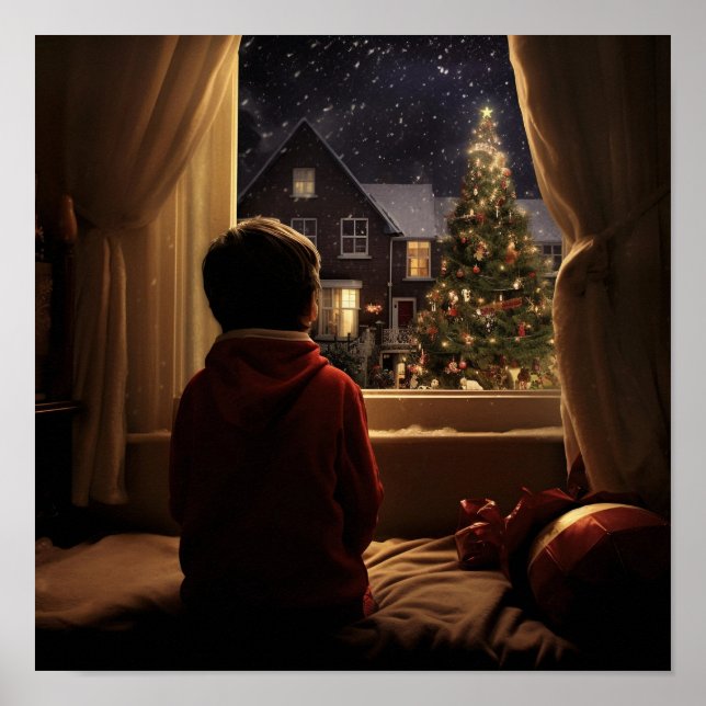 Affiche Jeune garçon en attente à Père Noël le soir de Noë (Devant)