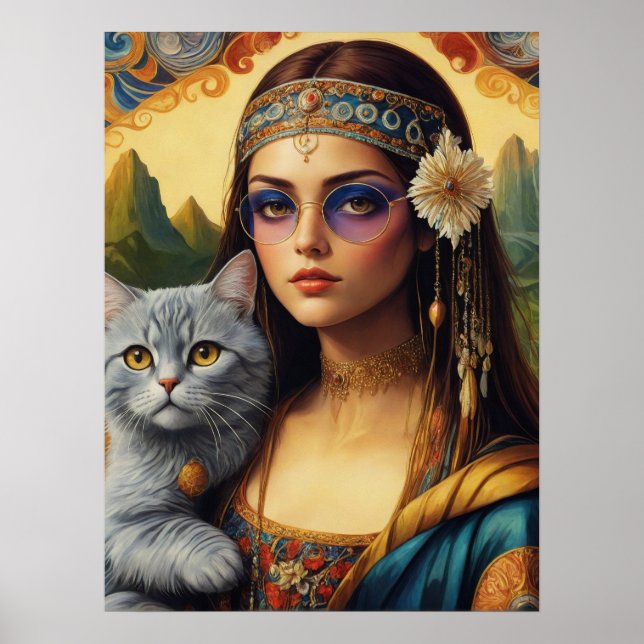 Affiche Jeune Hippie Mona Lisa et son chat gris (Devant)