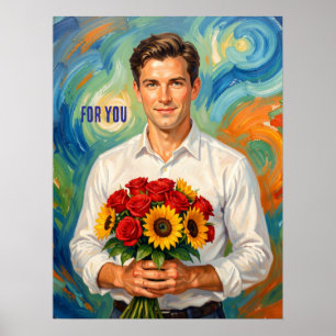 Affiche Jeune Homme avec Bouquet Style Rétro Personnalisé