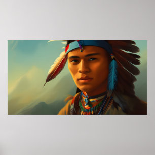 Affiche Jeune homme indien américain avec des plumes Vinta