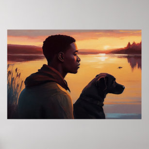 Affiche Jeune homme noir et son chien