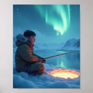 Affiche Jeune homme pêchant sur glace