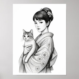 Affiche Jeune Japonaise et son Chat