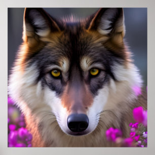 Affiche Jeune loup dans l'affiche des fleurs rose fushia