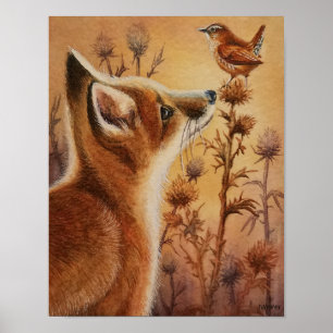 Affiche Jeune Red Fox Carolina Wren Bird Aquarelle 11x14