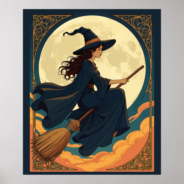 Affiche Jeune sorcière assise à califourchon sur un balai  (Devant)