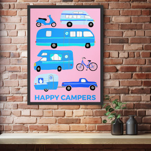 Affiche JEUX CAMPERS ! Campervan Vanlife RV Trailer rose