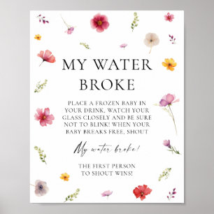 Affiche Jeux de Baby Shower Bébé en Fleur Mon Eau Est Cass