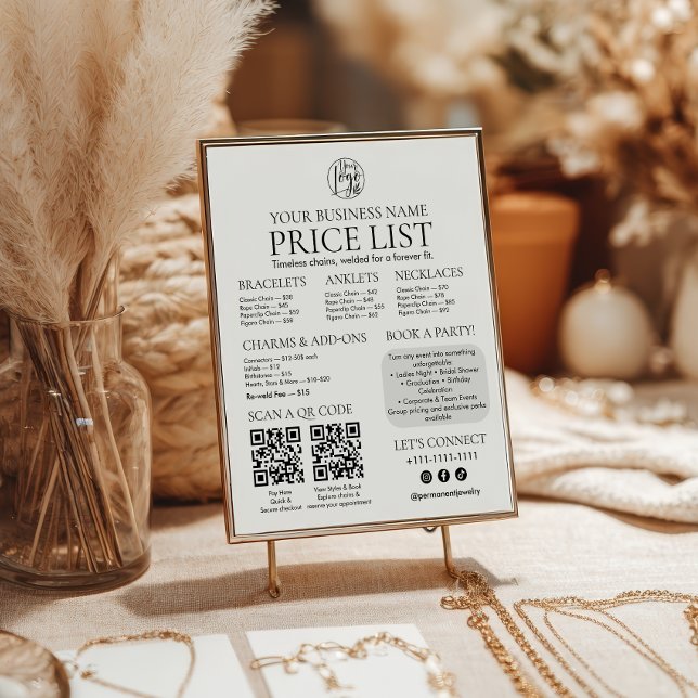 Affiche Joaillerie permanente Afficher le tarif Code QR Me (Permanent Jewelry Display Price List QR code Menu Poster)
