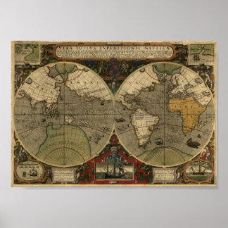 Affiche Jodocus Hondius 1595 Carte du Monde