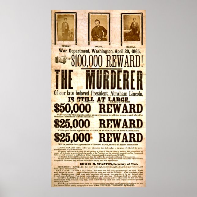 Affiche John Wilkes Booth Recherché Pour Assassinat (Devant)