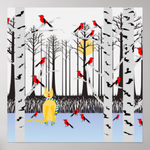 Affiche Joie d'hiver - Chat avec foulard Birch Trees Cardi