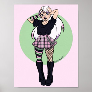 Affiche Joli Ado Punk Girl rose vert manga illustration