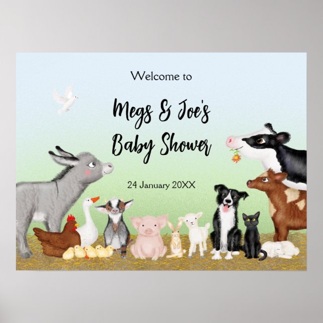 Affiche Joli animal de ferme baby shower signe de bienvenu (Devant)