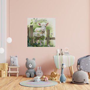 Affiche Joli Aquarelle Peinture Lamb Fleurs blanches