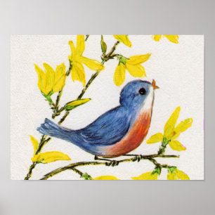 Affiche Joli arbre d'oiseau bleu chantant
